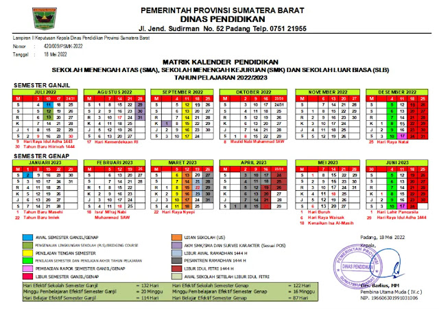 Kaldik atau Kalender Pendidikan SMA SMK SLB Provinsi Sumatera Barat (Sumbar) Tahun Pelajaran 2022/2023