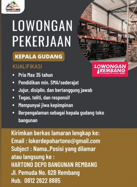 Lowongan Kerja Pegawai Kepala Gudang PT Hartono Indobangun Jaya Rembang