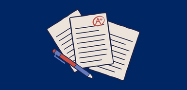 An illustration of three pieces of paper with writing on them and the middle paper has been marked with an A grade and alongside is a blue and red pen.