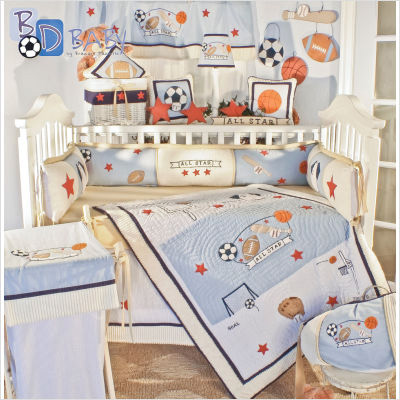 with light blue and white with pops of orange. This sports nursery