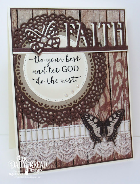 ODBD God Quotes 2, ODBD Custom Fancy Circles Dies, ODBD Custom Pierced Circles Dies, ODBD Custom Faith Border Die, ODBD Custom Bitty Butterflies Dies, ODBD Custom Pierced Rectangles Dies, ODBD Vintage Ephemera Paper Collection, Card Designer Angie Crockett