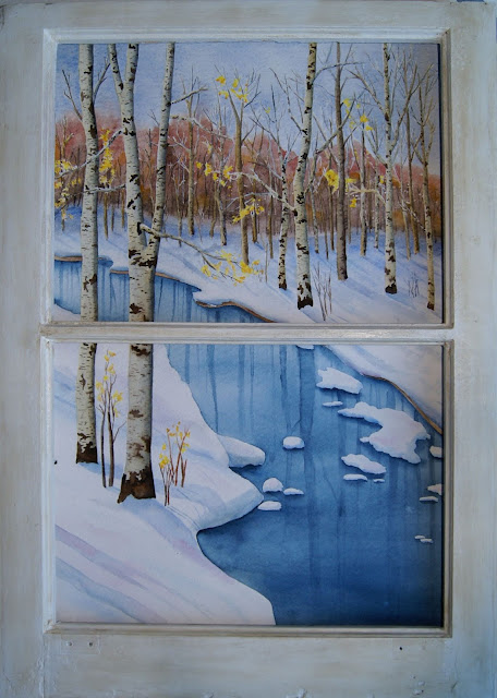 Danielle Beaulieu watercolour birches in old window