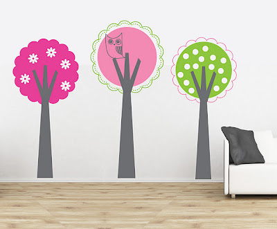 Modern Scallop Decal Trees with Flowers and Owl tree wall decal