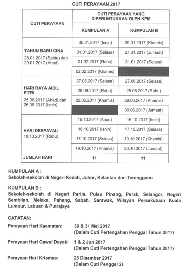 Cuti Perayaan 2017 Rasmi Daripada KPM - Cikgu Share