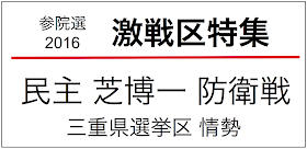 ２０１６年参議院議員選挙の三重県選挙区情勢（1人区）。２０１０年に民主・芝博一が議席を確保しているが、２０１３年は自民・有川有美が当選。民主の防衛戦となり激選が予想される。 