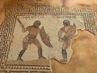 Mosaic showing a pair of gladiators fighting