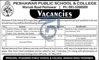 Peshawar Public School & College Jobs 2019