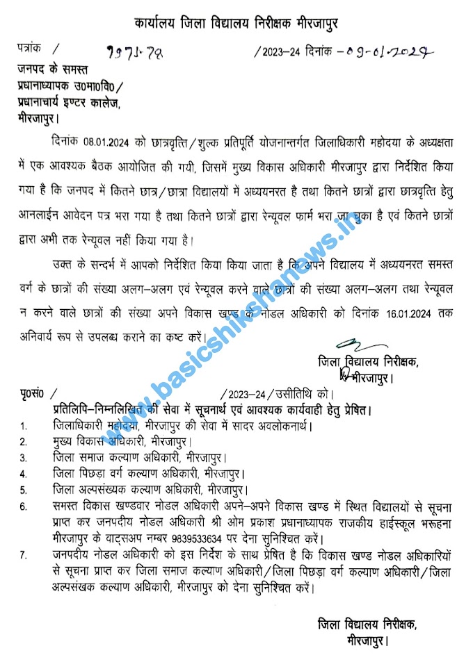 जनपद में छात्र-छात्राओं की छात्रवृत्ति/शुल्क प्रतिपूर्ति की सूची मांगी, देखें जिला विद्यालय निरीक्षक का आदेश