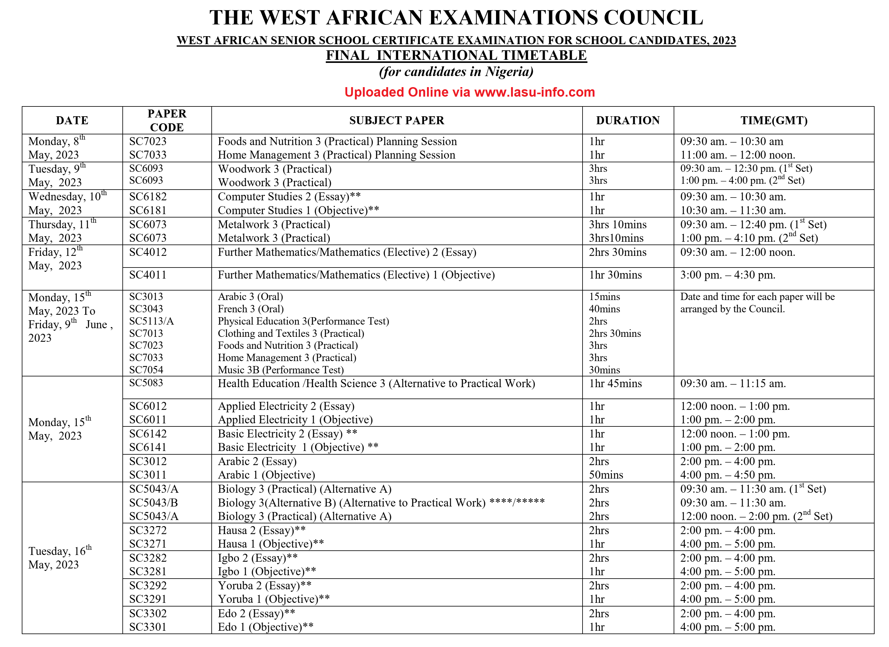 2023 WAEC Timetable for School Candidates [8th May - 23rd June]