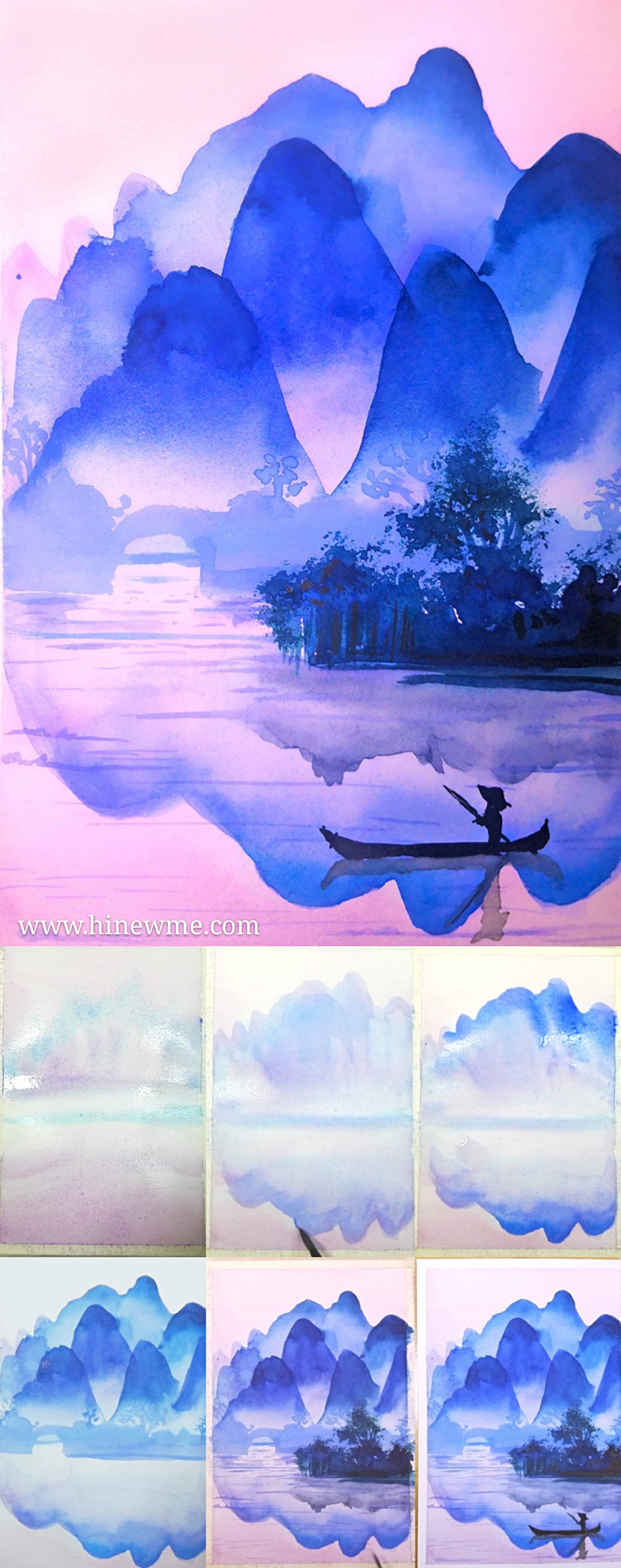 How to draw watercolor pink sunset landscape step by step tutorial for beginner