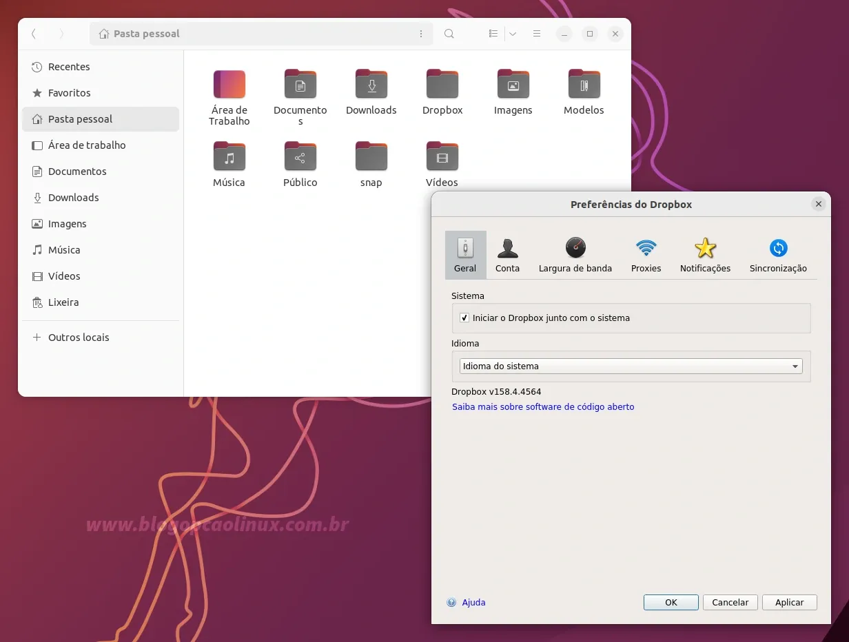 Cliente do Dropbox executando no Ubuntu 22.10 (Kinetic Kudu)