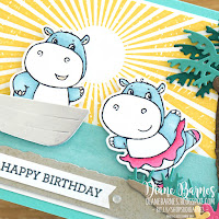 Handmade beach themed hippos birthday card made with Stampin Up Saleabration Hippest Hippos and Hippos dies, Rays of Light stamp, Palms dies. Card by Di Barnes - Independent Demonstrator in Sydney Australia - Saleabration 2022 - annual catalogue 2022-2023 - stampinupcards - colourmehappy