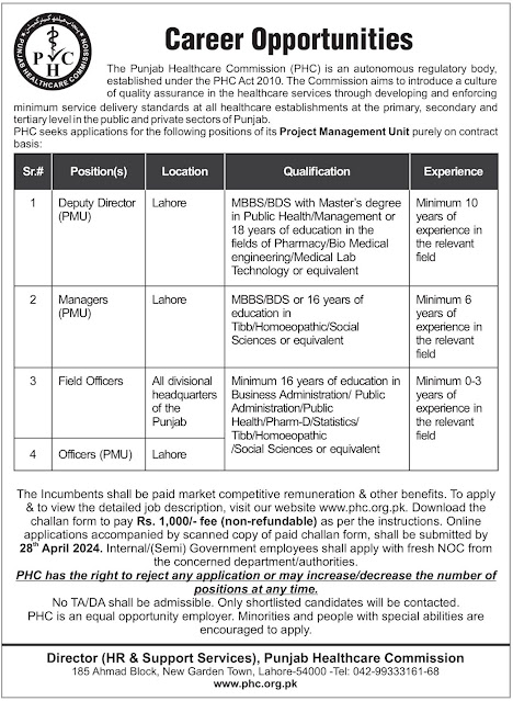 PHC Punjab Healthcare Commission Latest Jobs in Lahore April 2024