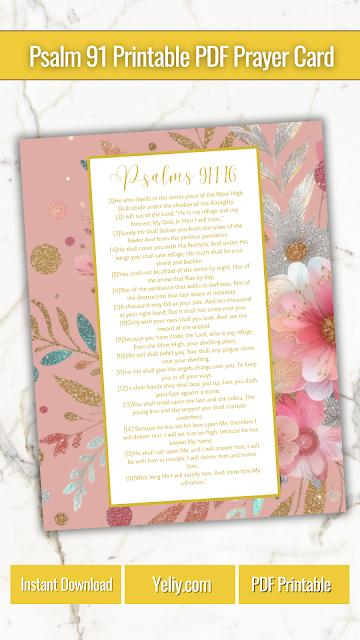 Psalm 91 Printable PDF Prayer Card For Protection, Safety And Shelter | Floral Watercolor Luxury Glitter Pink Flower Modern Elegant Design Image