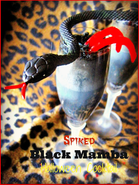 Spiked Black Mamba Halloween Cocktail Recipe, a cocktail with a bite! Malibu, Cacao and Coffee,this combination will keep you warm in the inside on a cold Halloween night. Slither you way into trouble #Halloween #Halloweencocktail #Halloweencreepyfoods #cocktails