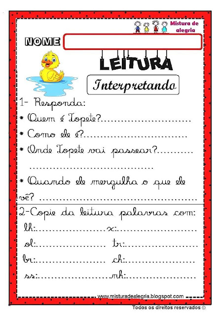 Texto para interpretação 2º ano,O patinho Topete