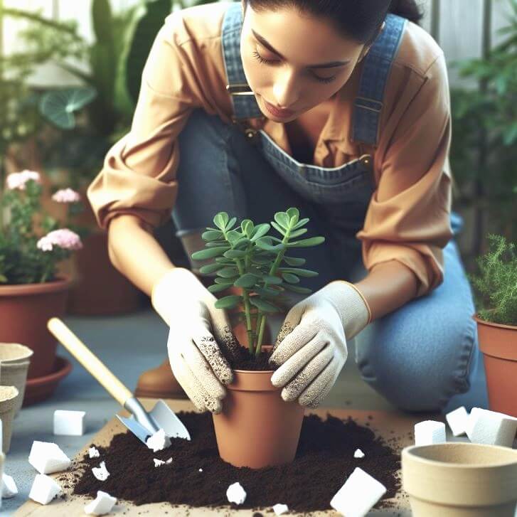 plantando com isopor nos vasos para ficarem mais leves