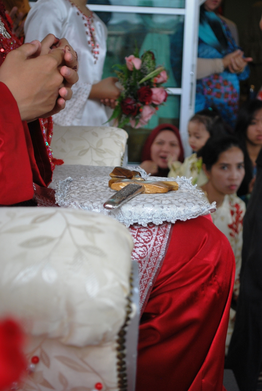 Resting on the grooms lap,