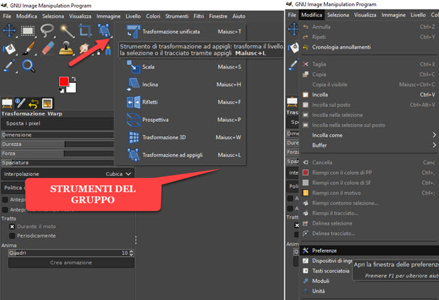 interfaccia di gimp con gli strumenti raggruppati