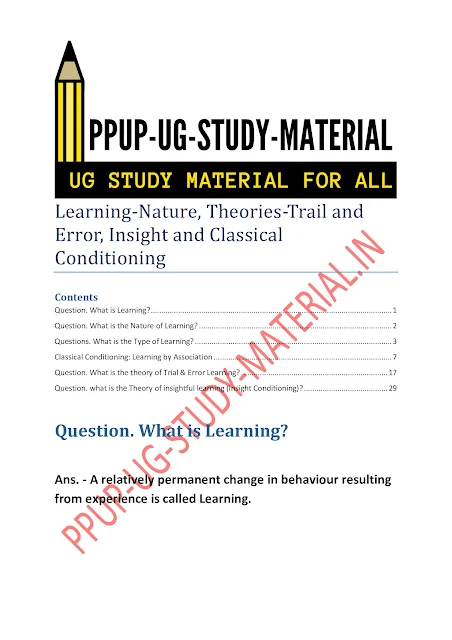 Introduction to Learning - Nature, Theories - Trial and Error, Insight and Classical Conditioning Notes |  | ppup part 1 psychology subsidiary ug study material download pdf