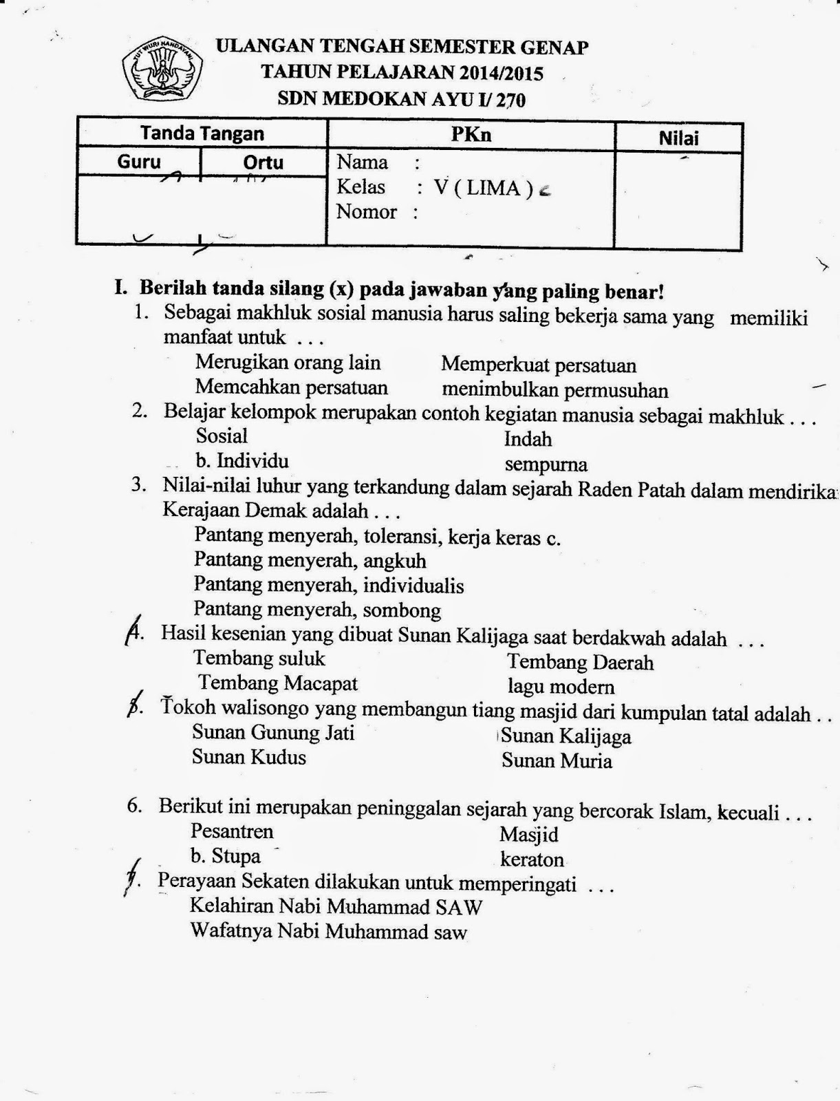 UTS PKN SD Kelas 5 Semester Genap TA 2014 2015