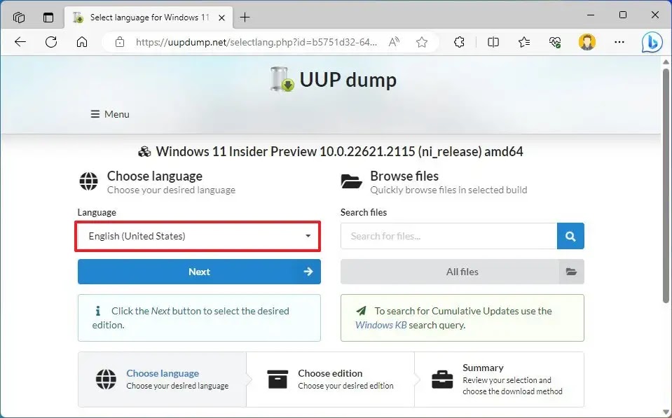 uup dump download language