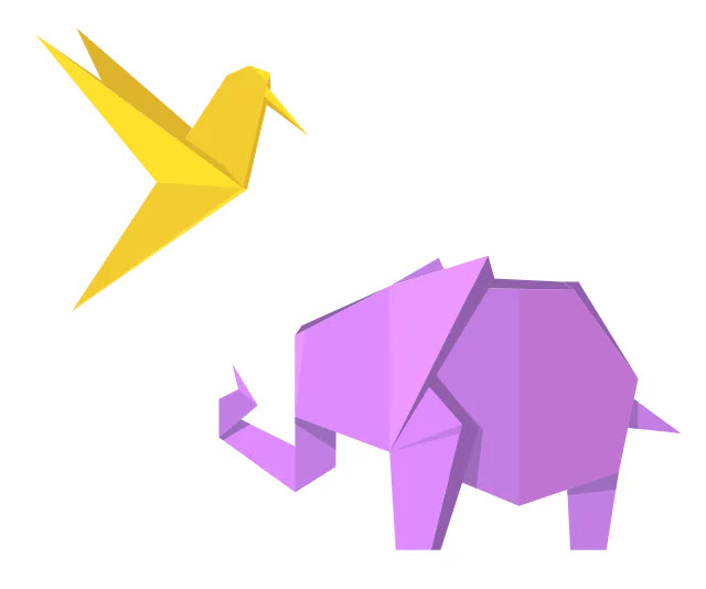 Origami de um pássaro e um elefante