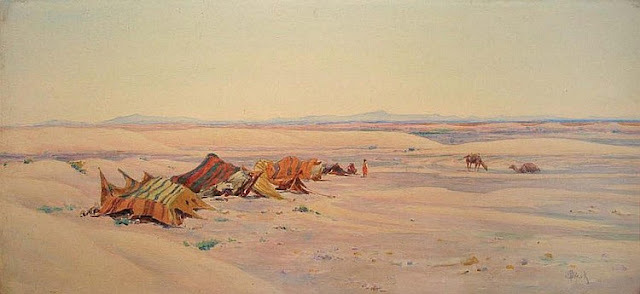 Campement dans le désert. Tableau de peinture aquarelle d'Alphonse Birck