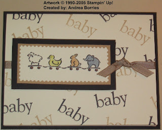 Gender-neutral baby card with "train" of toy animals.