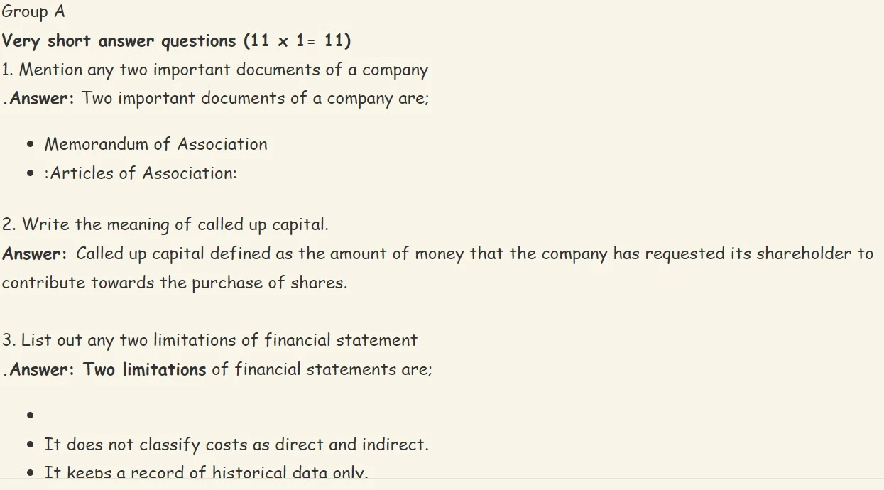 Class 12 Accounting/Account Model Questions 2079/2080 Solution