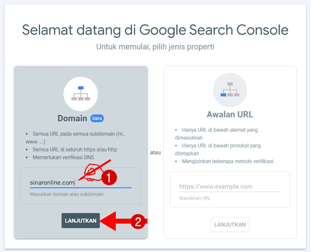 Memasukkan nama domain sinaronline.com