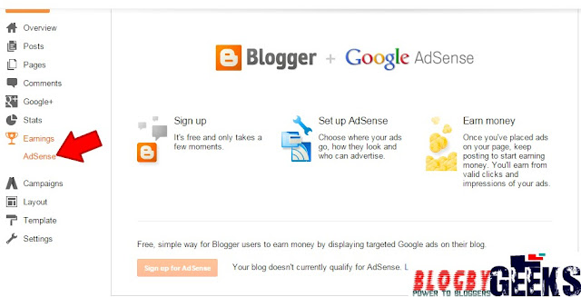 Sign up for Adsense Blogger