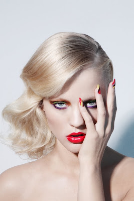 beauty photographer nyc, model with red glossy lips, rainbow nails, pale skin