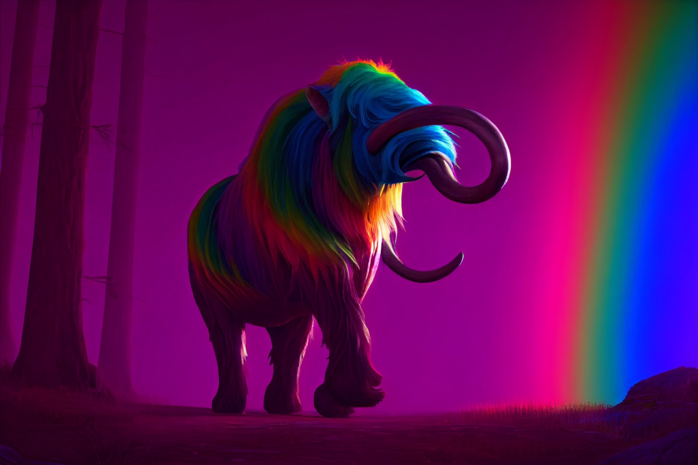 image of a rainbow colored mystical mastodon lumbering along