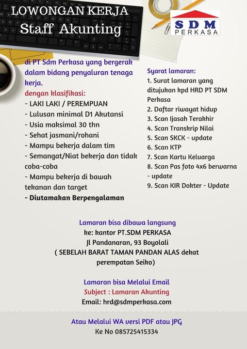 LOKER BOYOLALI STAFF AKUNTING di PT SDM PERKASA