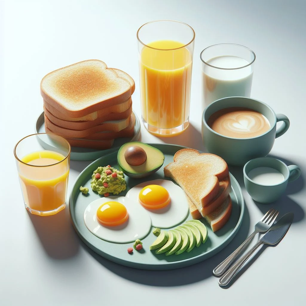 imagen creada con inteligencia artificial de un desayuno de huevos fritos estrellados aguacate pan tostado cafe jugo de naranja leche