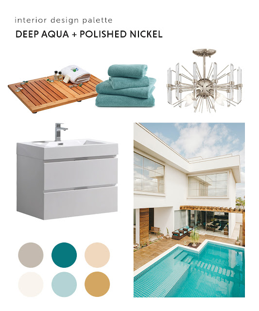 Mood board featuring aqua and nickel color palette.