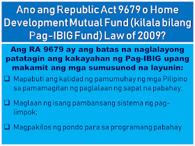 The Home Development Mutual Fund is also known as the Pag-IBIG Fund is one of the many programs of the Philippine government to provide its citizens the capability of purchasing their own house and lot.  Republic Act 9679's Declaration of Policy states:  "It is the policy of the State to establish, develop, promote, and integrate a nationwide sound and viable tax-exempt mutual provident savings system suitable to the needs of the employed and other earning groups, and to motivate them to better plan and provide for their housing."  Today, many Filipinos, including overseas Filipino workers (OFW) and their families benefit from this program. They can get a housing loan and savings through the new Pag-IBIG program which earns a dividend after a specified period of time.  This article will help you know more about the Pag-IBIG Fund for OFWs and how it works.  Advertisement        Sponsored Links         What is Republic Act 9679 or Home Development Mutual Fund (known as Pag-IBIG Fund) Law of 2009?  RA 9679 is the law aimed at strengthening the ability of Pag-IBIG to achieve the following objectives: • Improve the livelihood of Filipinos by providing adequate housing; • Provide a national savings system; • Mobilize funds for the housing program       How is RA 9679 different from previous laws of Pag-IBIG?  First, RA 9679 sets out universal coverage. That is, the membership range is expanded, with the following: • employees and workers of SSS and GSIS • Overseas Filipino Workers, including Clerks / Seafarers • The uniformed staff of the Philippine Armed Forces, the Bureau of Fire Protection, the Bureau of Jail Management and Penology and the Philippine National Police  Secondly, Pag-IBIG's tax exempt returns where the agency can save three billion a year. Now, this amount can be allocated for housing and for a high dividend for members.   Thirdly, the Board of Trustees of the Pag-IBIG has the power to raise the monthly contribution of the member. This means greater savings for members and higher loan entitlements. There may also be a higher proportion of the members to be given because of this. Since 1986, Pag-IBIG has never raised the contribution rate, while several other government agencies have raised their contributions.  Currently, a member contribution rate of Pag-IBIG is 2% based on a monthly income of P5,000. The members' contribution rate will stay at P100 even if he earns P5,000 or P50,000.   By raising the contribution rate, monthly contributions will be higher, while for members belonging to the lower income bracket, their contribution remains at P100.      When was the law effective? RA 9679 was effective on August 27, 2009.  When did the law begin to be implemented? The law was implemented in January 2010.  Are all OFWs covered by the mandatory coverage of RA9679? Yes. According to RA 9679 and its Implementing Rules and Regulations, PAG-IBIG must register all OFWs, whether land-based or sea-based (seafarer or working within the ship).   A seafarer is enrolled as a member after signing a contract with his agency or manning agency that stands as an employer, as well as a foreign owner of the ship. As an employer, the agency will contribute an appropriate proportion of two percent contribution, based on the monthly marine income.   Meanwhile, land-based OFWs must be registered before they leave the Philippines or before returning to work. Those who are currently abroad may also register at any Pag-IBIG Posts.   Why are OFWs included with mandatory membership coverage? All Filipino workers, whether in the Philippines or abroad, should have an equal opportunity to all the benefits of the Pag-IBIG program. The membership of OFWs has been mandated to give them the opportunity to save and reach their dream of owning a home.   How to register OFWs under mandatory coverage? OFWs can register with the following: • Pag-IBIG desks located at the Embassy or Philippine Consulate outside the country • Pag-IBIG Fund International Operations Group, 6th Floor, Justine Bldg., Gil Puyat Avenue, Makati City • Any branch or office of Pag-IBIG in the Philippines • Pag-IBIG satellite office of the Philippine Overseas Employment Agency (POEA) • Preferred banks and remittance agencies recognized by Pag-IBIG such as PNB, Metrobank, and iRemit Global Remittances Inc.   How is the registration process for former Pag-IBIG members under the Pag-IBIG Overseas Program (POP)?  The OFW can visit the Pag-IBIG Information Desk located at the Embassy or Philippine Consulate to fill out the Member's Data Form (MDF-FPF0909) or Membership Registration Form (MRF-FPF095). If he is in the Philippines, he can go to the nearest office.   It is also necessary to update their record, especially if there are changes to their personal information.   MDF and MRF  can be downloaded at the Pag-IBIG website.         If an old member would register as an OFW, what would happen to his / her contribution? Pag-IBIG combines all his contributions, previous and current. Portable or remain in the name of the member,  Even if he/she transferred from one company to another, his/her account will remain in his name. Pag-IBIG ensures that the members' savings are safe.     What are the benefits of a Pag-IBIG member ?  A. The Benefits of Savings • No tax will be imposed on members' savings • Earned dividend annual contribution to member savings • The savings remain in the name of the member even if he moves to another company, loses work, or becomes self-employed • The government guarantees the savings, to pay and refund the member's contribution should anything happened to Pag-IBIG.   B. Short-Term Loans (Multi Purpose and Calamity Loans) Loans for an emergency needs like tuition, minor home repair, business capital and so on.   The following is an example of how much you can borrow under the Multi-Purpose Loan (MPL) Program.   C. Housing Loan (Housing Loan)  The housing loan can be used for any of the following: • land purchase; • buying a home; • building or housekeeping; • home improvement or repair; • when refinancing a loan from a bank acceptable to the Pag-IBIG Fund; and • combination of abovementioned conditions.    How much is the contribution rate? *Please refer to the chart above Monthly income of five thousand pesos (P5,000)  is used for computation of contributions. It means that the highest premium of the member and his employer is at P100. However, a member can increase his or her monthly rate for a higher saving. If a member has no employer, he/she can pay for the employer counterpart.   Should a foreign employer also provide a contribution? A foreign employer is not required to provide any part of the contribution unless he/she wishes to.  Can the member give more contribution? Yes. The member is encouraged to contribute more than what has been set forth by law. It is better for a member to save more money because he/she will be able to earn more after 20 years or until his / her membership matures, including tax-free dividends and guaranteed by the government.   Where can a contribution be paid? Payments may be made to Representatives of Pag-IBIG based on Embassy or Philippine Consulate. You can also pay any accredited banks or remittance partners. Just visit the Pag-IBIG website for a complete list of accredited collecting banks and remittance partners.    If a member starts contributing before leaving the Philippines, can he continue his contribution abroad? Yes, if the member already has the Pag-IBIG MID or membership ID number, they can use it to pay their contributions. If not, you must register with Pag-IBIG to provide Registration Tracking No. (RTN) or MID number, whichever is available.     Does the Pag-IBIG ID still need to register or pay? What if I did not have an ID to register? Currently, Pag-IBIG has not yet issued an ID. In the meantime, the RTN member will first register after registering. This is the number he will use whenever he/she pay a contribution or applies for a benefit. The member will be given a MID number to be used when paying their contribution.   When can a registered member claim their savings under Pag-IBIG I? The member may claim his / her total accumulated value (TAV) after 20 years and after completion of 240 monthly contributions.  TAV can be also collected before 20 years in any of the following circumstances: • 15-year optional withdrawal (member must have 180 monthly unpaid premium and he / she has no debt. Membership must continue after deduction.) • reaching the age of 60; • mandatory retirement at age 65 • total disability/insanity; • leaving work due to illness or illness; • permanently removing the Philippines; and • death.       What will the member get when his / her membership is over? He will get his total allowance consisting of his monthly premium, the equivalent contribution of his employer (if any), and his earned income.  If the member dies, what will happen to his savings? His beneficiaries will receive all his savings minus the remaining cost of their obligations to Pag-IBIG. His beneficiaries will also receive an additional death benefit. Why is the duration of  OFW membership being extended? Under universal coverage, Pag-IBIG membership rules, whether local or overseas employees, are the same. Therefore, the membership term of all OFWs is 20 years. Unlike previously they can choose between 5, 10 or 15 years of membership term as a voluntary member.   What is the Modified Pag-IBIG II Program? The MP2 program is a voluntary program that offers higher dividends in a shorter period.   Under the program, a member will fall at least P500 per month for five years. The higher the grant will be given under the program compared to the dividend of the regular membership program or Pag-IBIG I.   READ MORE:    Find Out Which Is The Best Broadband Connection In The Philippines    Modern Immigration Electronic Gates Now At NAIA    ASEAN Promotes People Mobility Across The Region    You Too Can Earn As Much As P131K From SSS Flexi Fund Investment    Survey: 8 Out of 10 OFWS Are Not Saving Their Money For Retirement    Dubai OFW Lost His Dreams To A Scammer    Support And Protection Of The OFWs, Still PRRD's Priority