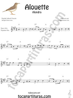  Soprano Sax y Saxo Tenor Partitura de Alouette (Alondra) Canción infantil Sheet Music for Soprano Sax and Tenor Saxophone Music Scores