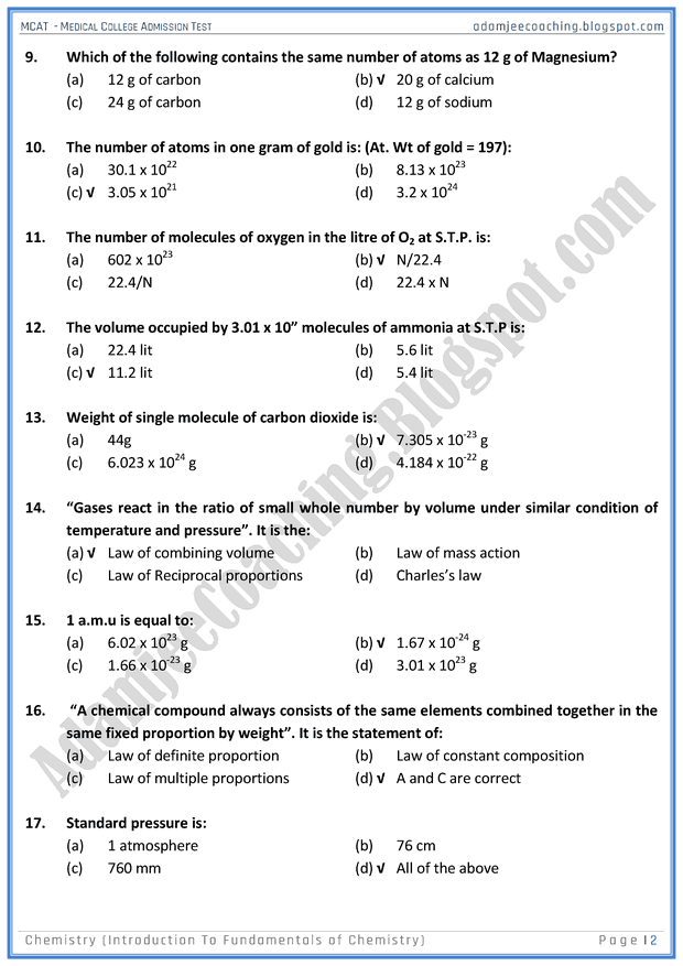 mcat-chemistry-introduction-to-fundamentals-of-chemistry-mcqs-for-medical-entry-test