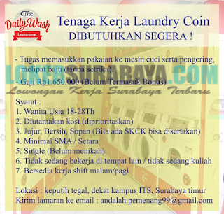 Loker Surabaya Terbaru di The Daily Wash Laundromat Juni 2019