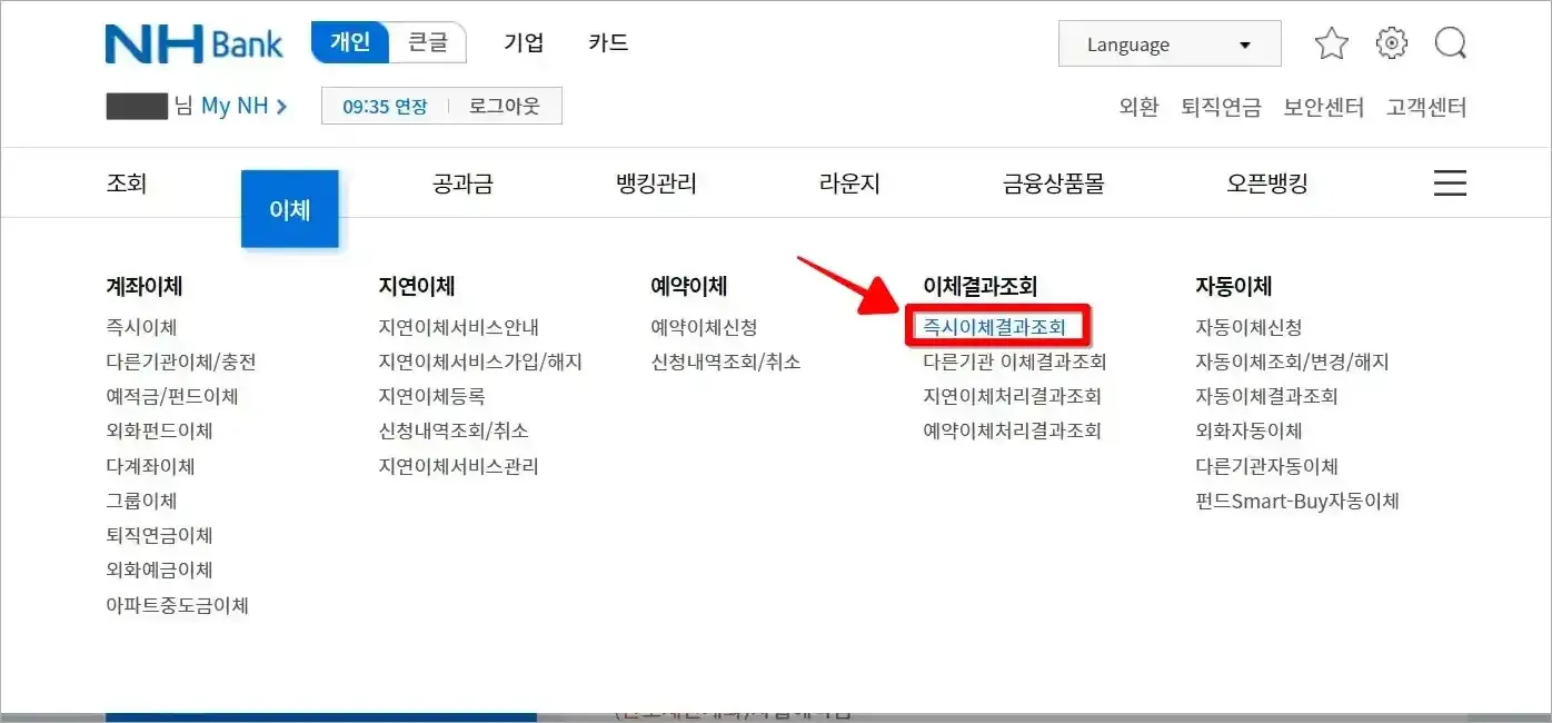 뱅킹 화면의 이체 메뉴에서 '즉시이체결과조회'를 선택