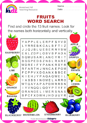 Fruits Word Search PDF free download
