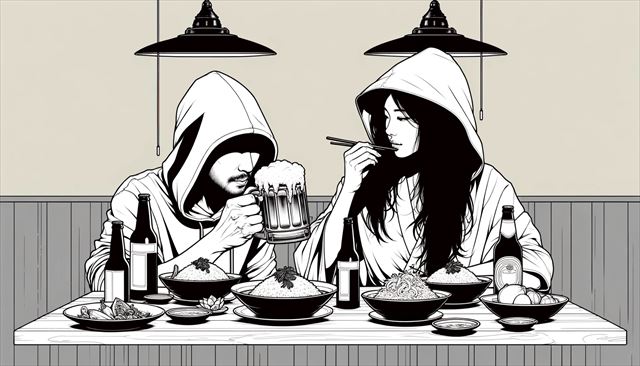 Black and white line drawing, horizontal concept art. A Japanese man and woman, both hooded, are eating at a Thai restaurant. This is a pure line art representation with no fill or shading, focusing on the outlines of the characters, the Thai dishes on the table, and the woman drinking from a large mug of beer. The restaurant's atmosphere is conveyed with minimal line details, emphasizing a Thai cultural setting.