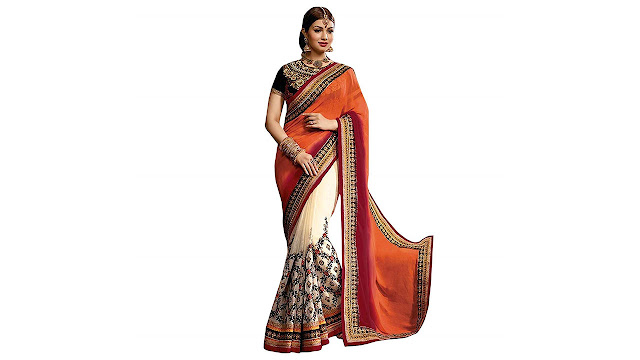 JISA FASHION Women's Georgette Saree (Orange)