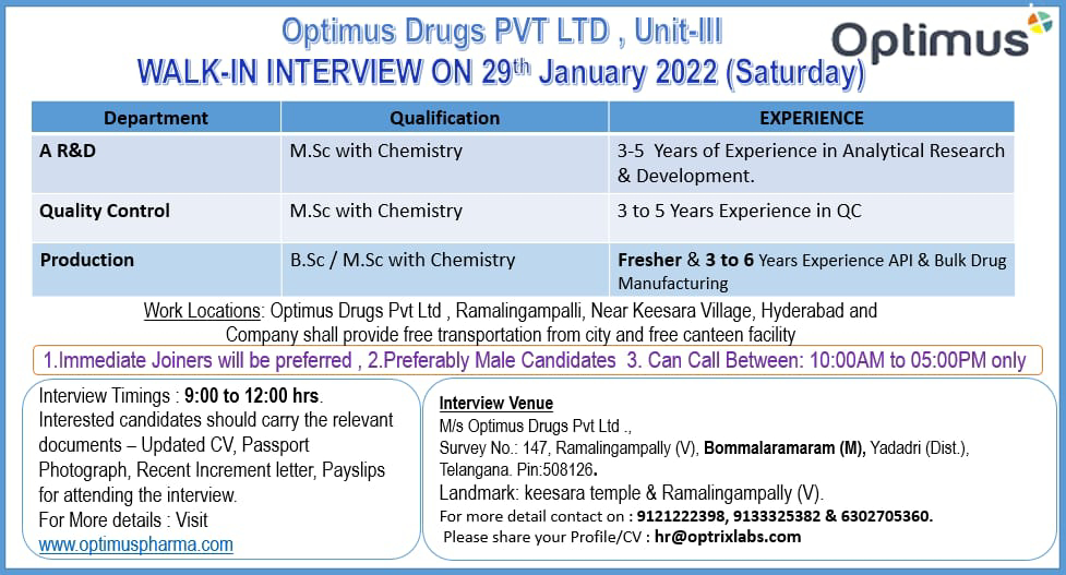 Job Availables,Optimus Drugs Pvt Ltd Walk-In-Interview For BSc/ MSc Chemistry- Freshers/ Experienced