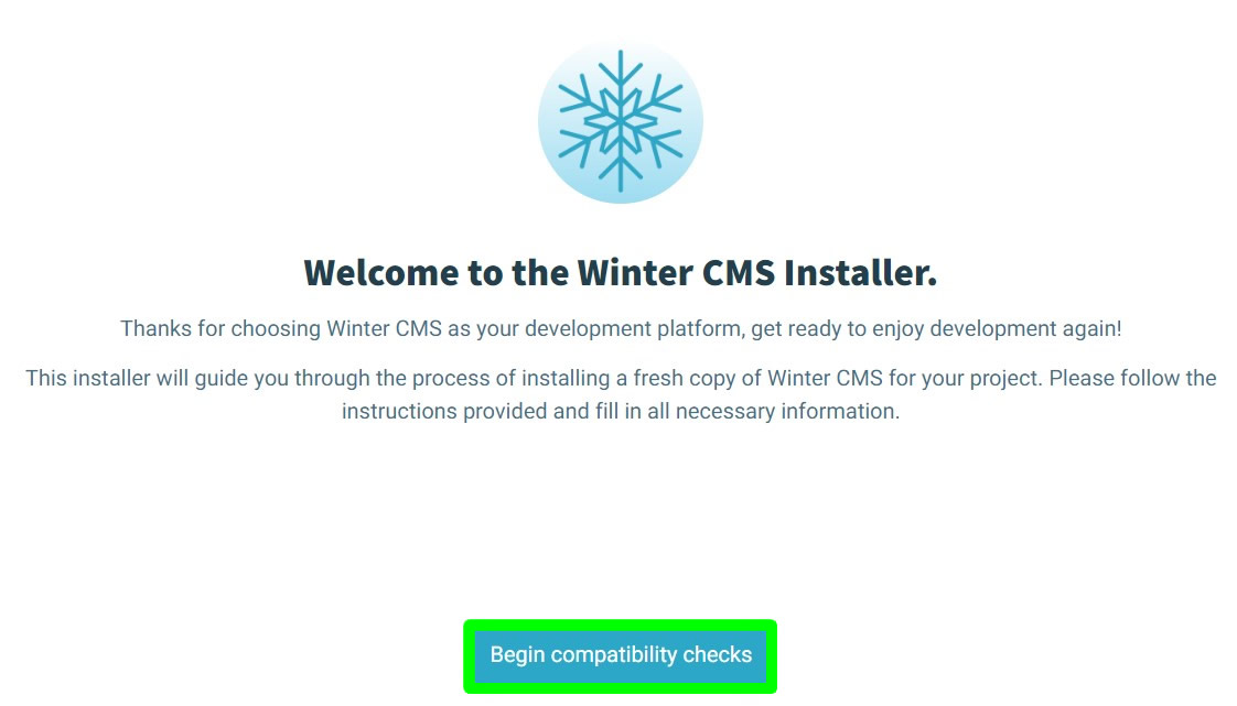 winter cms installation welcome page