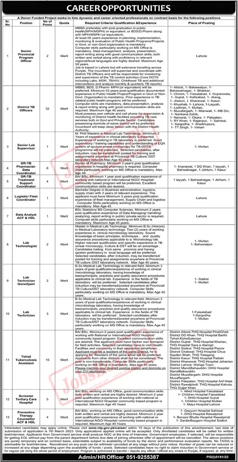 National TB Control Program NTP Jobs 2023 - Latest Advertisement