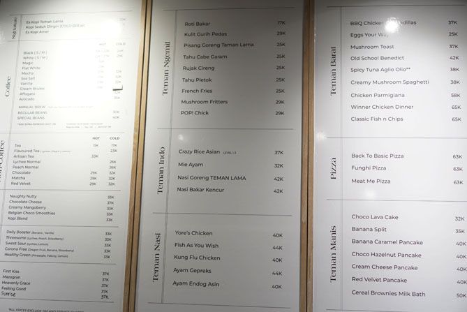 Daftar menu dan harga di Teman Lama Coffee Bandung
