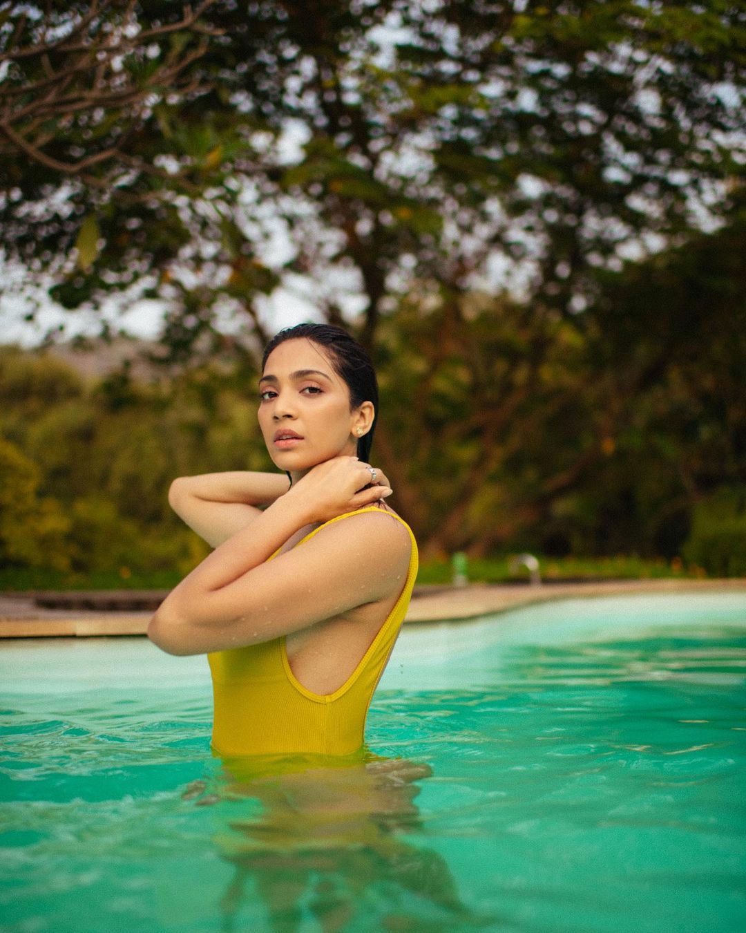 yogita bihani yellow swimsuit cleavage vikram vedha actress